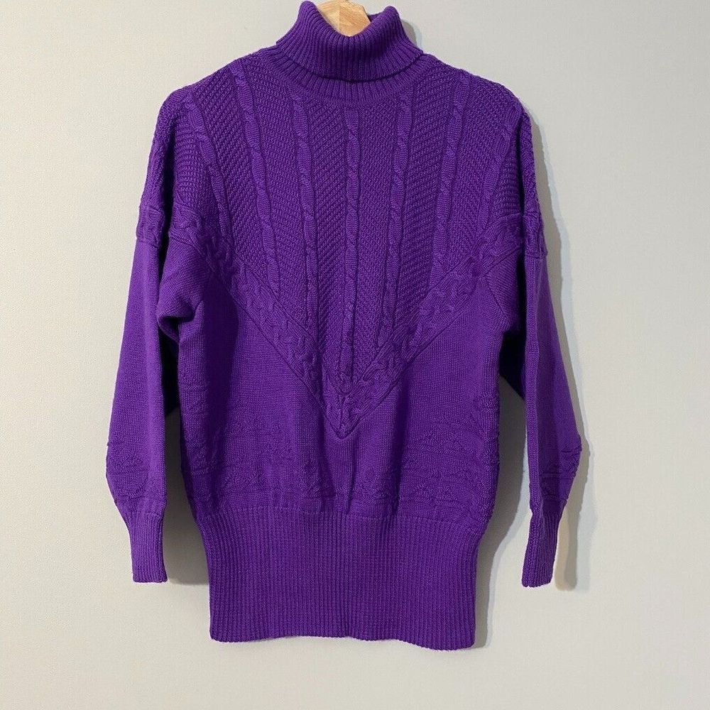Vintage 90's Bogner Sweater Women's Purple Turtleneck Cable Knit Size M